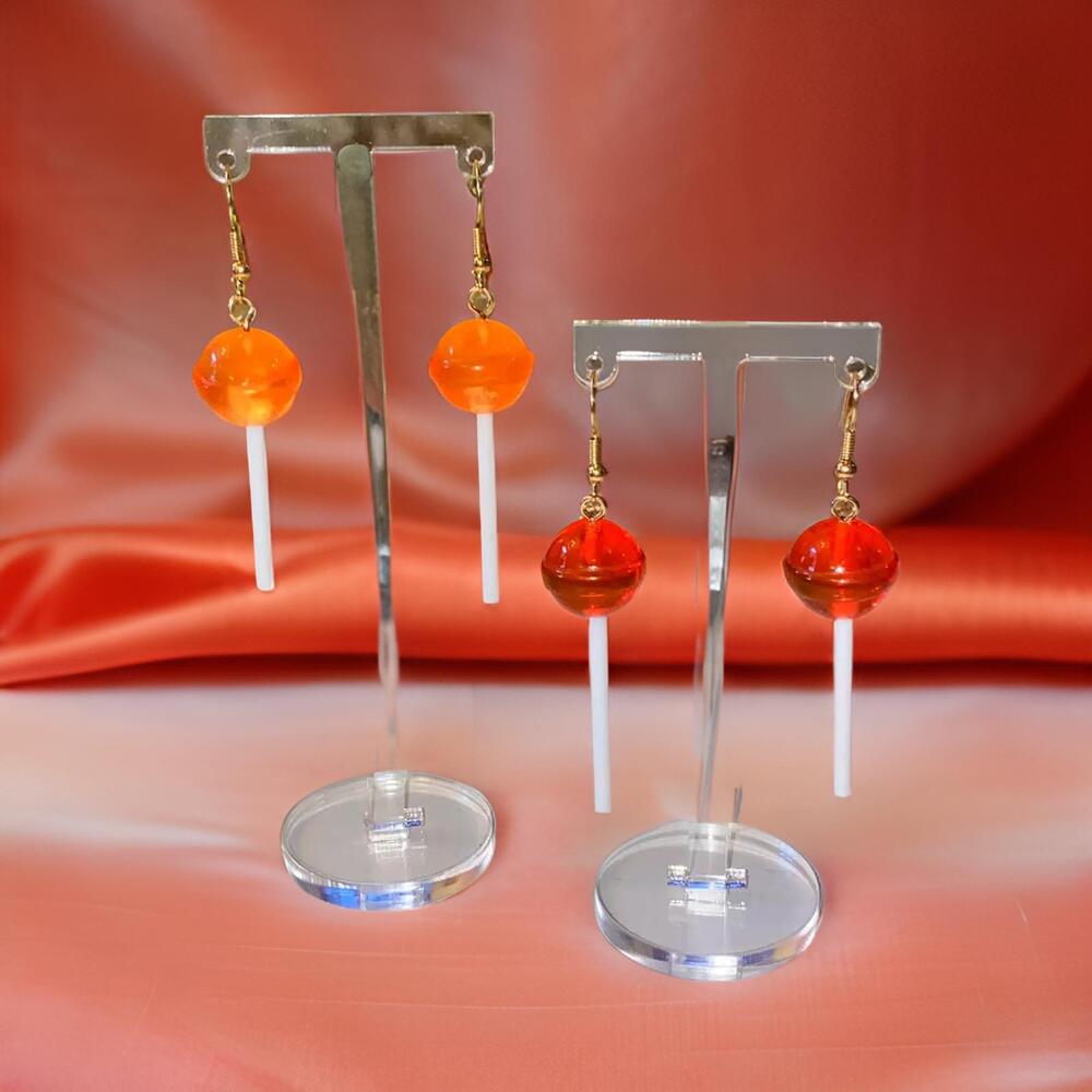 New Red Orange Sucker Lollipop Transluscent Clear Barbiecore Earrings Sterling